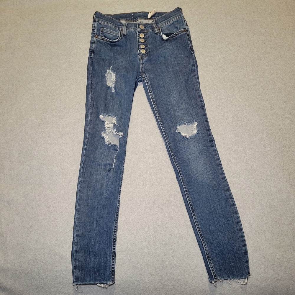 Free People Skinny Jeans - Distressed Dark Blue Denim